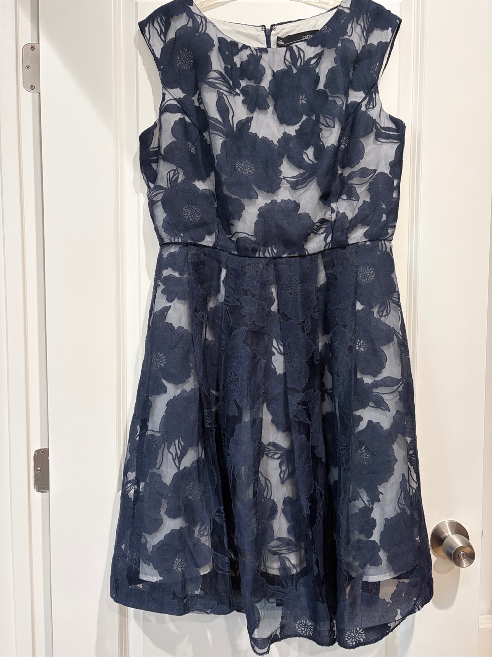 Chetta B Navy Sleeveless Floral Midi Formal Knee Length Pleated Dress, 14